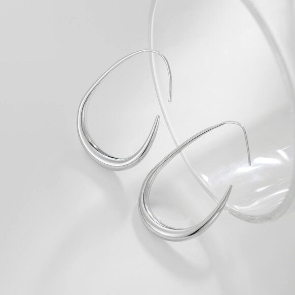 Silver Polished Lightweight Teardrop Large Oval Pull Hoop Earrings for Women - Picture 5 of 6